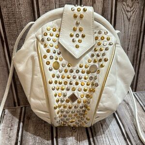 Jeffrey Handbags Vintage Leather White Gold Silver Studded Crossbody Bag